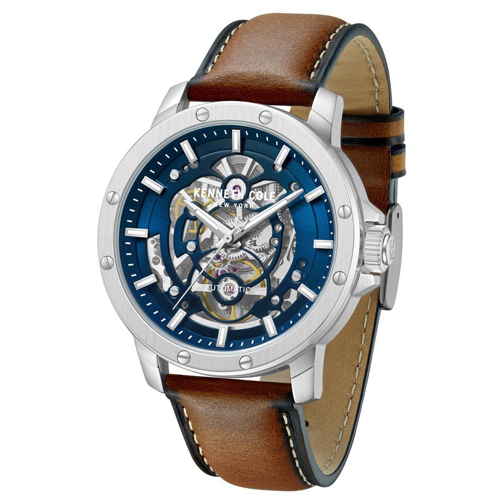 Kenneth Cole Automatic Blue Dial Brown Leather Strap Watch For Men