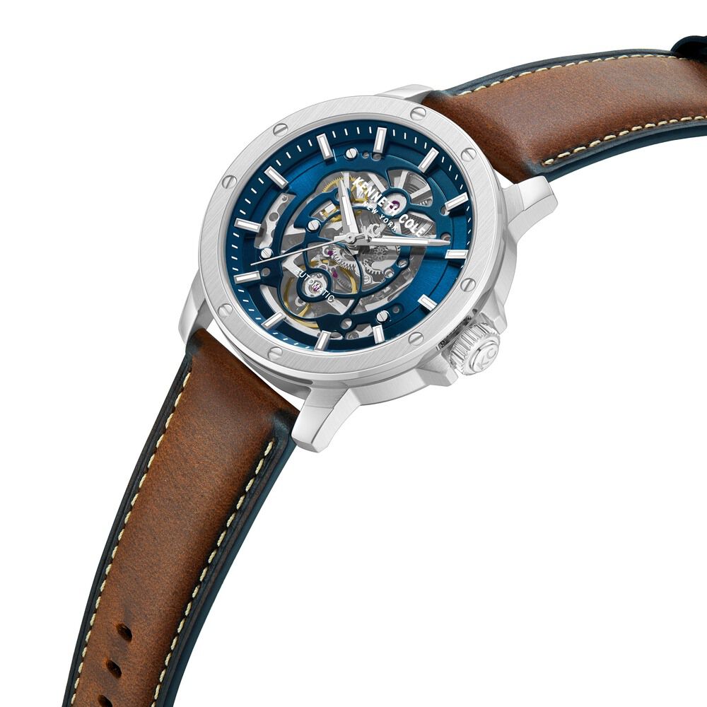 Kenneth Cole Automatic Blue Dial Brown Leather Strap Watch For Men