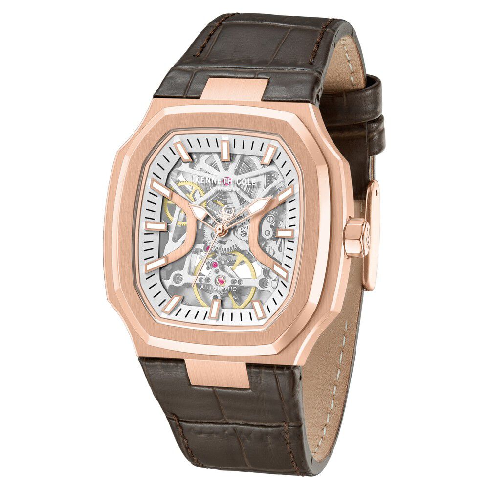 Kenneth Cole Automatic Silver Dial Brown Leather Strap Watch For Men
