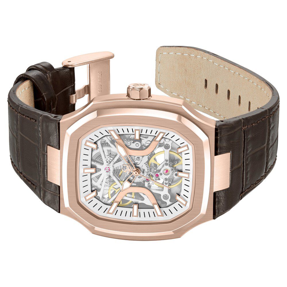 Kenneth Cole Automatic Silver Dial Brown Leather Strap Watch For Men