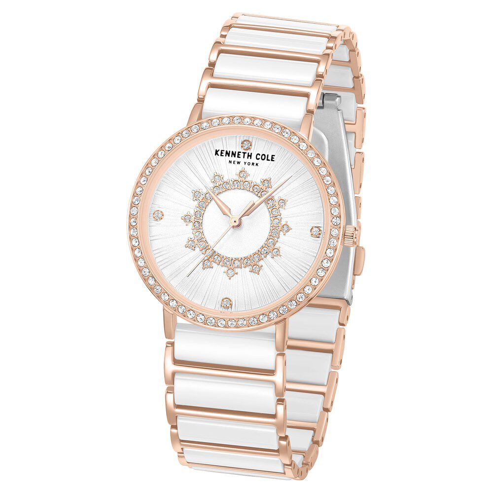 Kenneth Cole Quartz Analog White Dial White Stainless Steel and Ceramic Strap Watch For Women