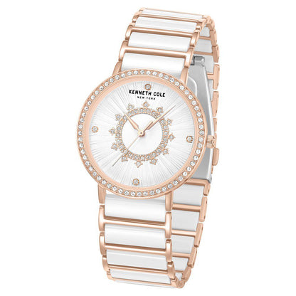 Kenneth Cole Quartz Analog White Dial White Stainless Steel and Ceramic Strap Watch For Women
