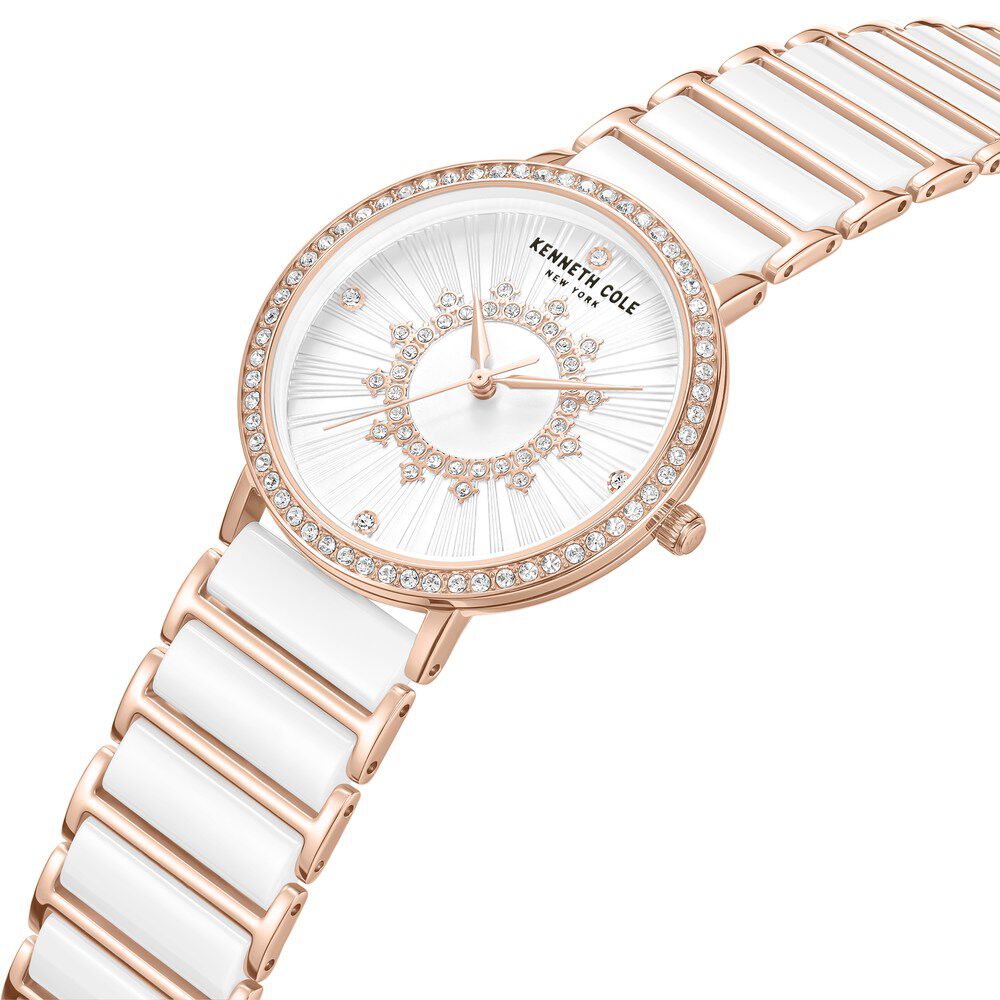 Kenneth Cole Quartz Analog White Dial White Stainless Steel and Ceramic Strap Watch For Women