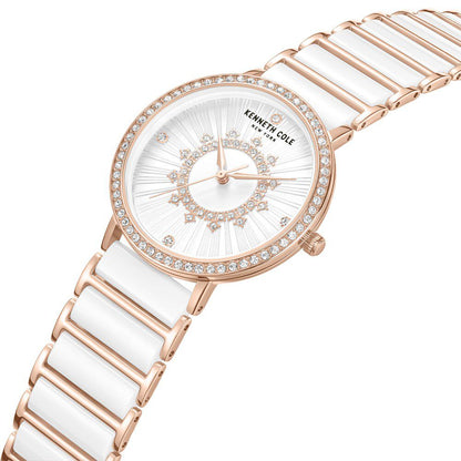 Kenneth Cole Quartz Analog White Dial White Stainless Steel and Ceramic Strap Watch For Women