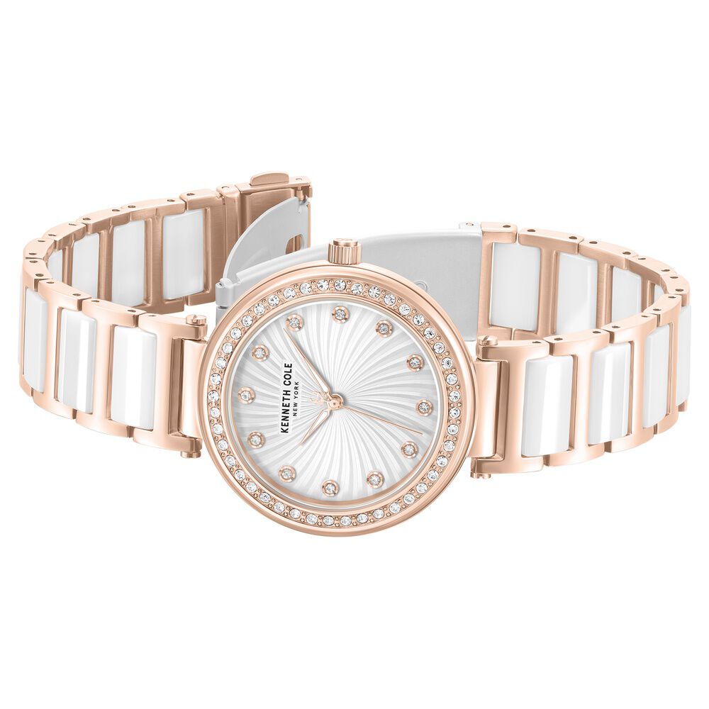 Kenneth Cole Quartz Analog Silver Dial Rose Gold Colour Ceramic Strap Watch For Women