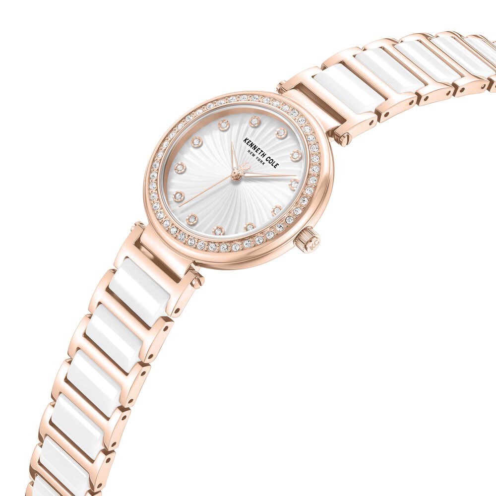 Kenneth Cole Quartz Analog Silver Dial Rose Gold Colour Ceramic Strap Watch For Women