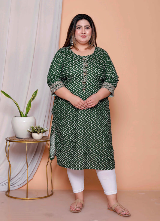 Miravan Womens Plus size Green Zigzag Print Embroidery Rayon Straight Kurti