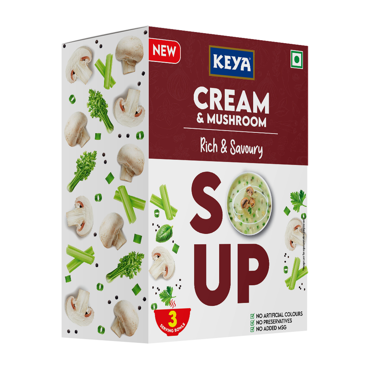 Keyafoods Keya Cream and Mushroom Soup packet next to a bowl of creamy mushroom soup garnished with herbs. - Image 2
