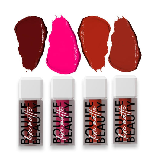 Boujee Beauty Kudi Pataka mini liquid lipstick combo with 4 shades: Nightout, Barbie, Hot Date, Rani.