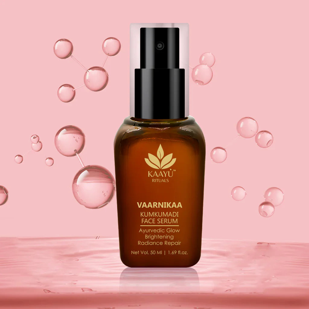 Kaayu Rituals Kumkumadi Face Serum bottle with dropper, showcasing its luxurious texture for glowing skin.