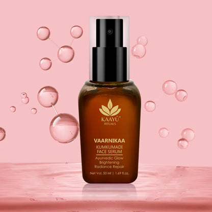 Kaayu Rituals Kumkumadi Face Serum bottle with dropper, showcasing its luxurious texture for glowing skin.