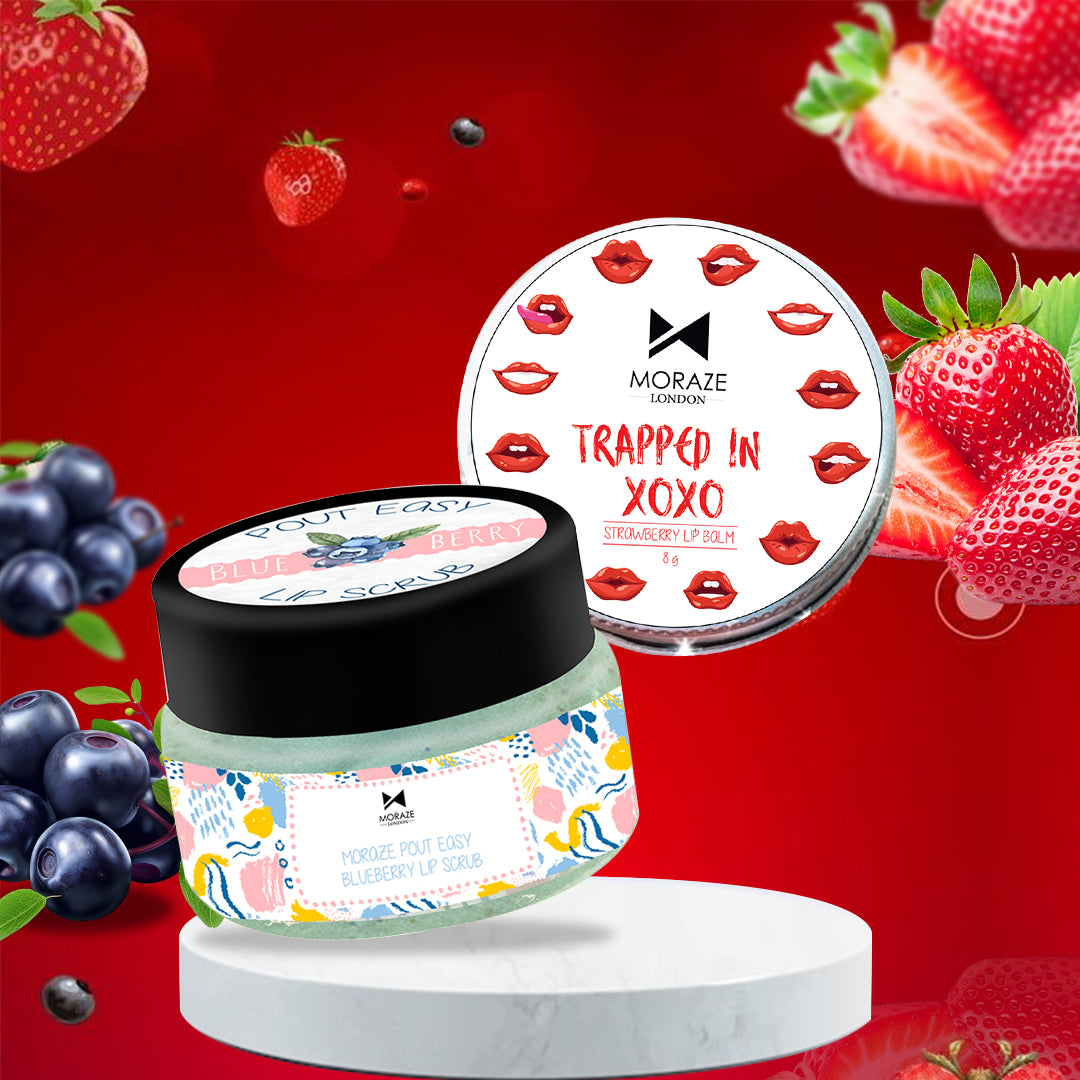 Moraze Cosmetics Nourishing Lip Care Kit with scrub, balm, and mask, displayed on a minimalist background.
