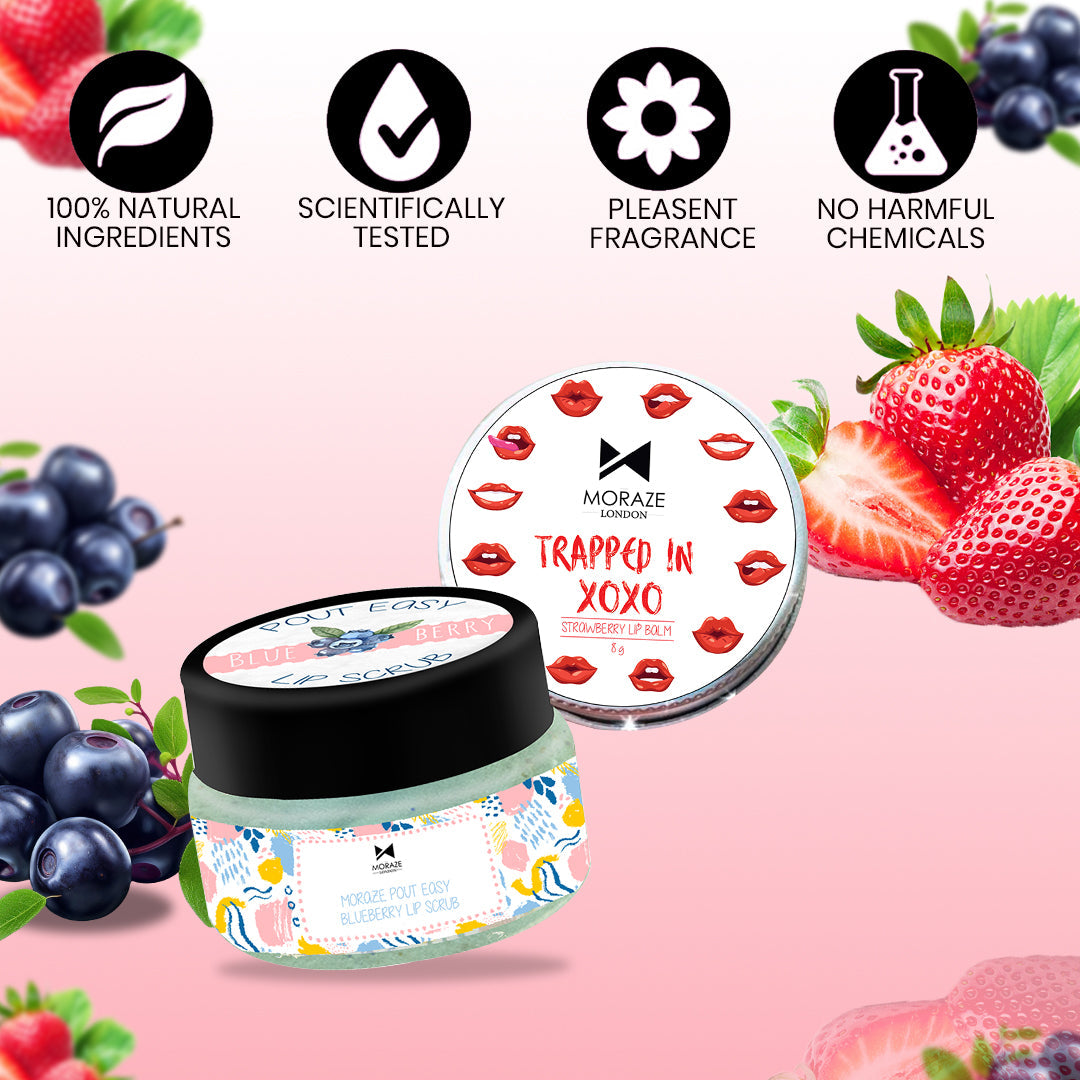 Moraze Cosmetics Nourishing Lip Care Kit with scrub, balm, and mask, displayed on a minimalist background. - Image 6