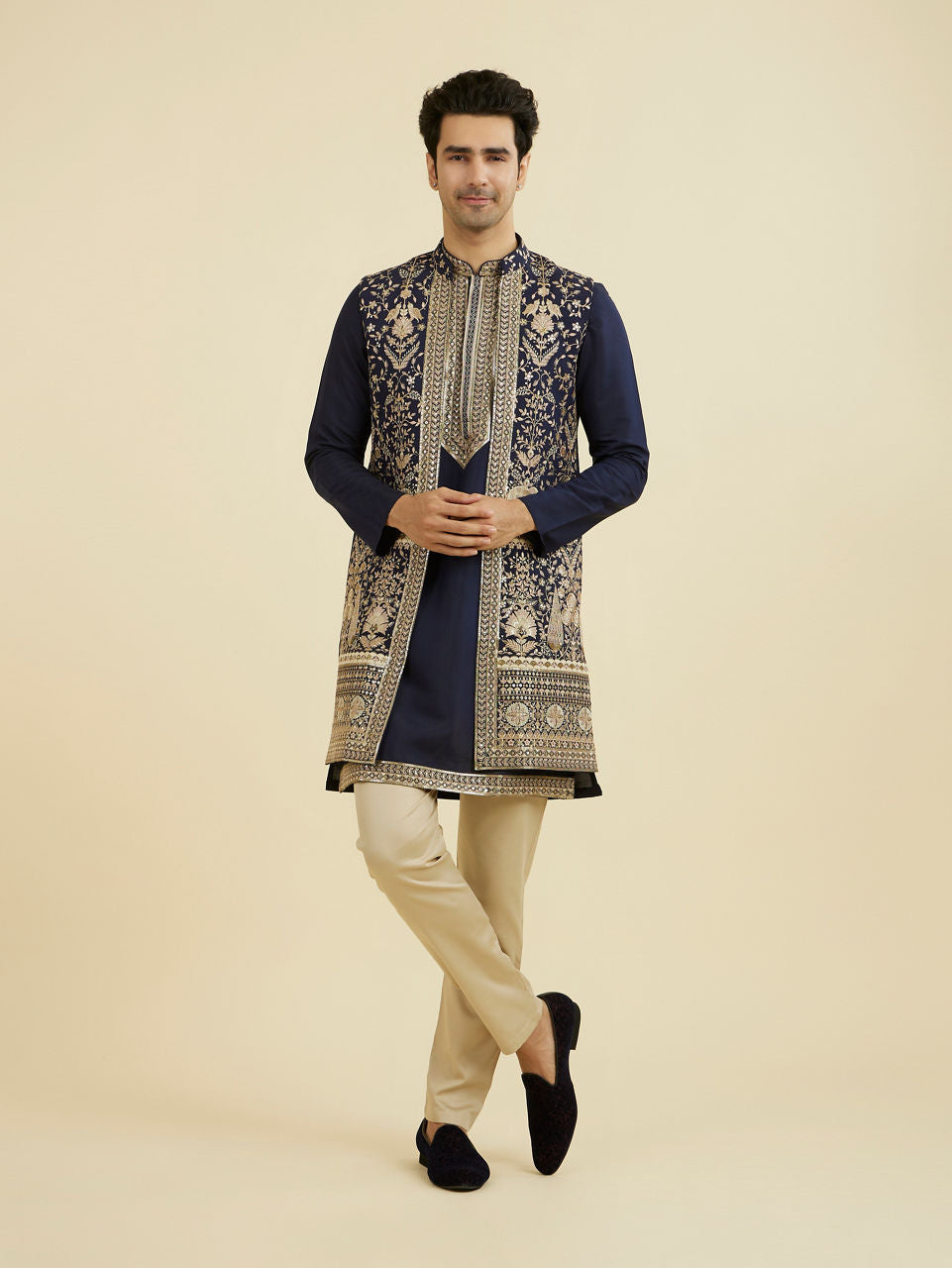 Manyavar Elegant Dark Blue Ensemble Kurta Jacket Set - view 3
