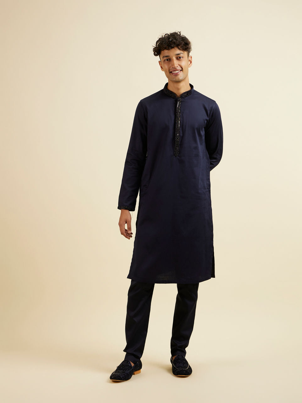 Manyavar Dark Blue Sequinned Jaal Patterned Jacket Set - view 5