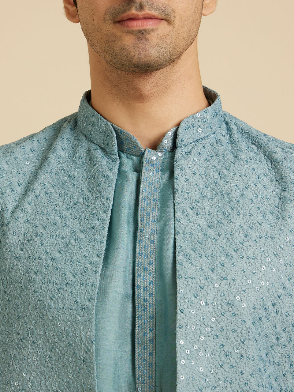 Manyavar Light Blue Buta Embroidered Jacket Set with Sequins Work - view 2