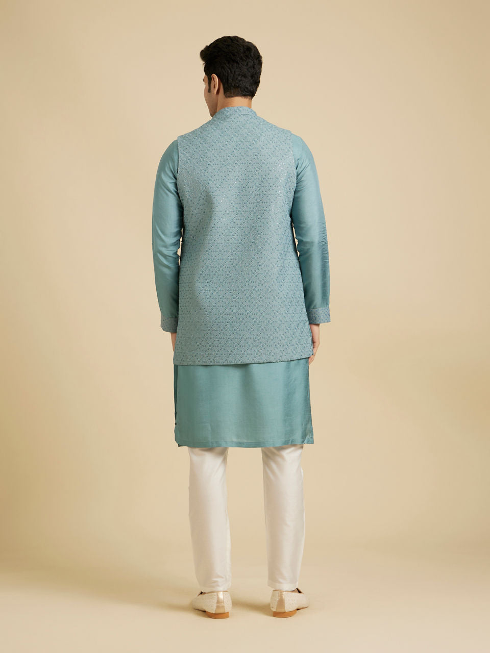 Manyavar Light Blue Buta Embroidered Jacket Set with Sequins Work - view 5