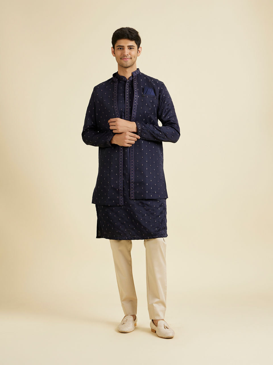 Manyavar Classy Dark Blue Kurta Jacket Set - view 3