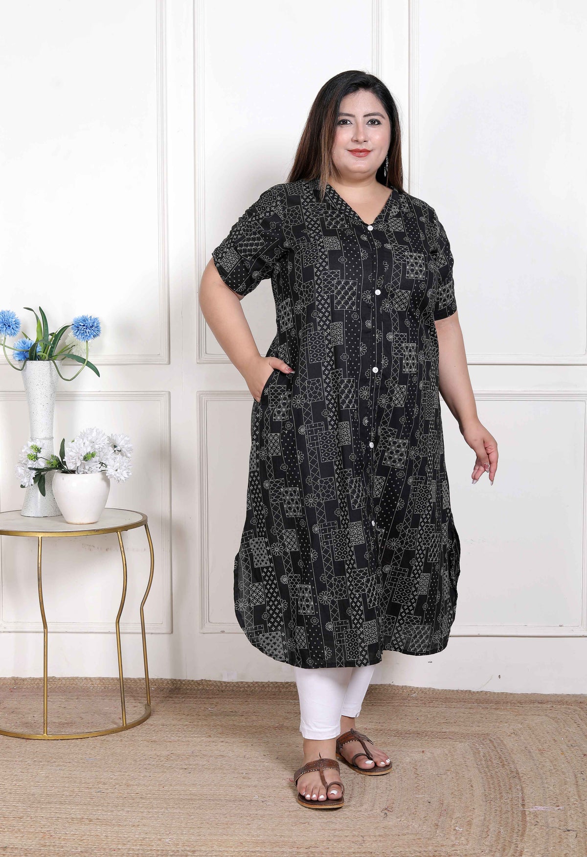 Miravan WOMENS Plus Size Pure Cotton Black Floral Printed Front Button A Line Kurta - view 2