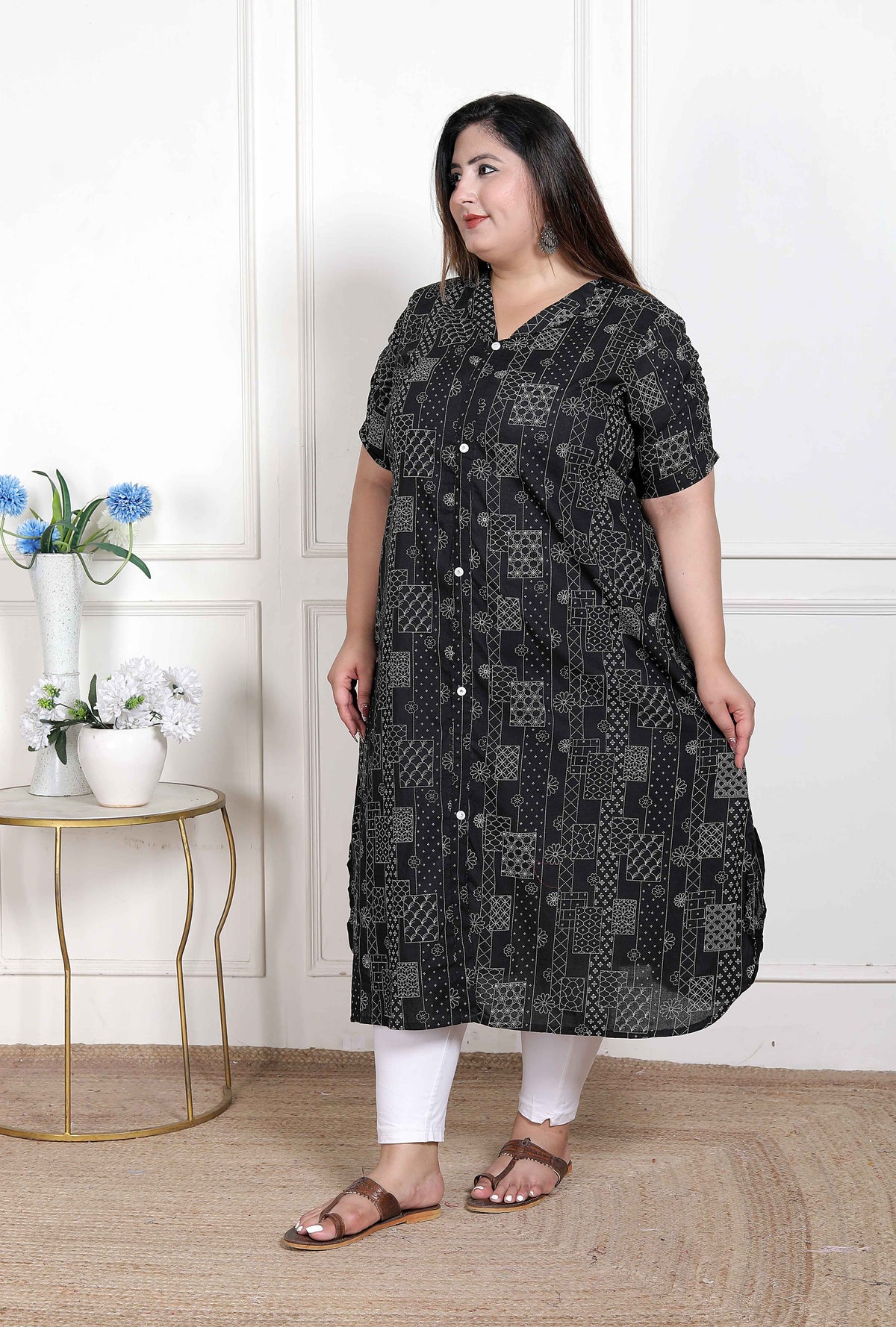 Miravan WOMENS Plus Size Pure Cotton Black Floral Printed Front Button A Line Kurta - view 3