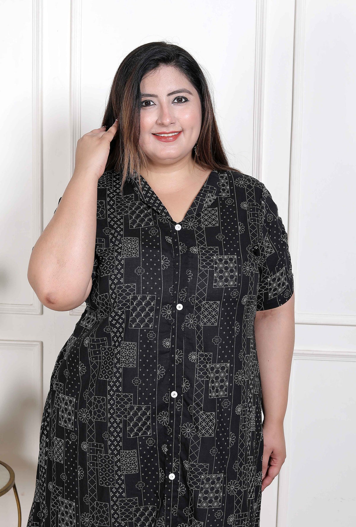 Miravan WOMENS Plus Size Pure Cotton Black Floral Printed Front Button A Line Kurta - view 5