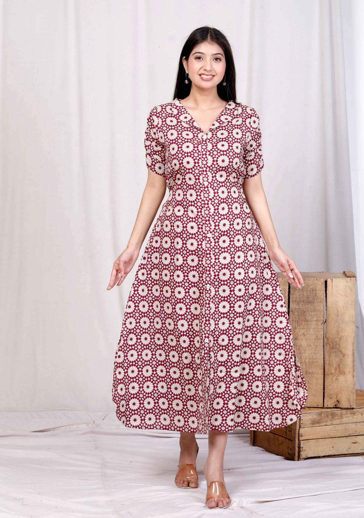 Miravan Womens Cotton Floral Printed Cream A Line Maxi Dress with Buttons - view 7