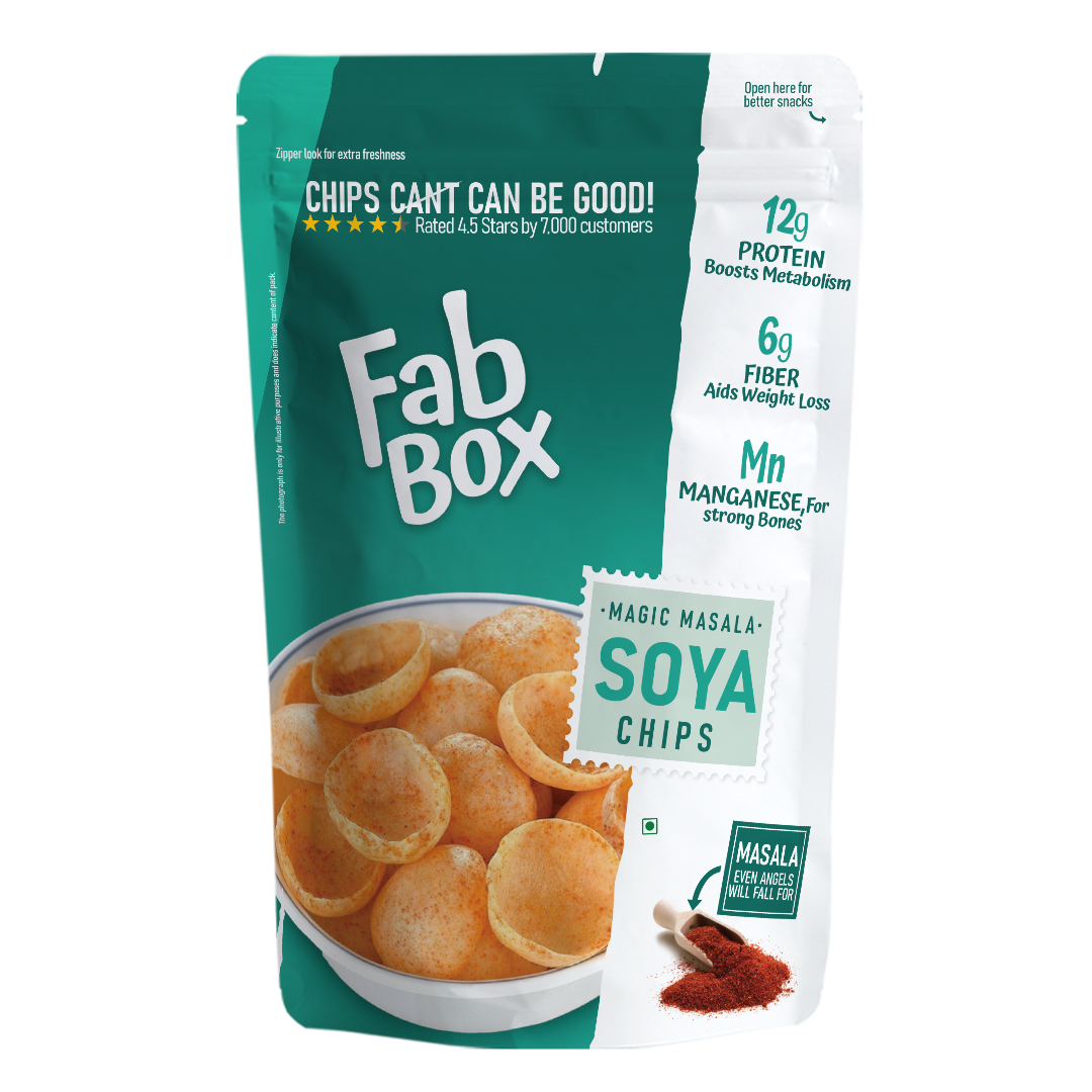 Fabbox Magic Masala Soya Chips pack with crispy, spiced soya chips spilling out, on a rustic wooden table. - Image 2