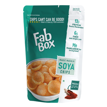 Fabbox Magic Masala Soya Chips pack with crispy, spiced soya chips spilling out, on a rustic wooden table. - Image 2