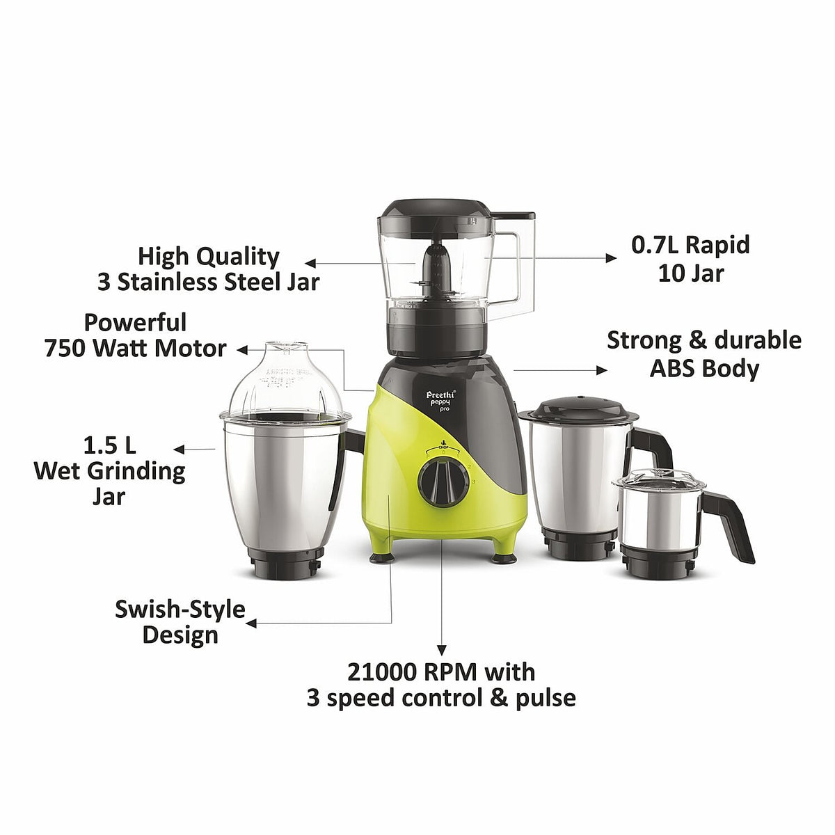 Preethi Peppy Pro Mixer Grinder - 750W - 3 Jars