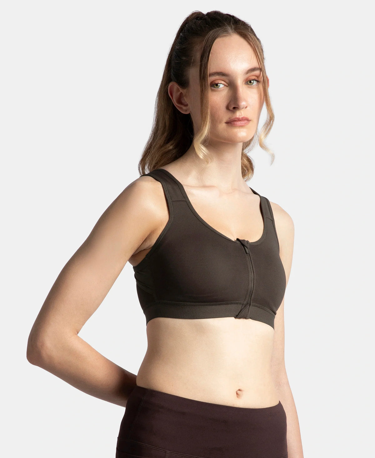 Wirefree Padded Microfiber Elastane Stretch Full Coverage Active Bra With Front Zipper Styling Coffee Mi10