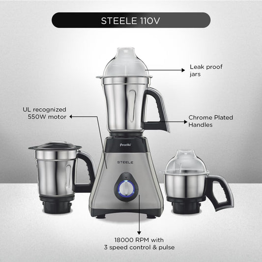 Preethi Steele 110V Mixer Grinder - 3 Jars - Silver/Black
