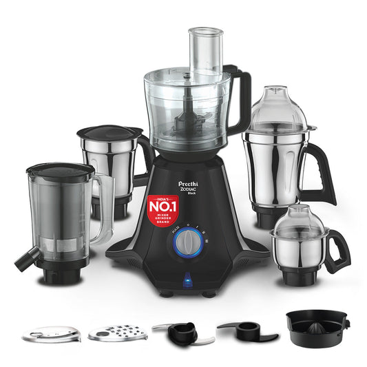 Preethi Zodiac Black Mixer Grinder - 750W - Chef Jar + 4 Jar - 2 Year Warranty Lifelong Free Service