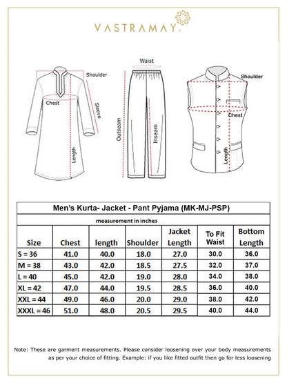 Vastramay Men's Cream Leaf Printed Pure Cotton Nehru Jacket With Short Kurta And Pant Set - PUSHMYCART