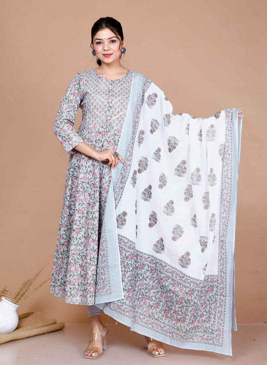 Miravan WomenS Blue Printed With Gota Patti Work Anarkali Kurta With Dupatta