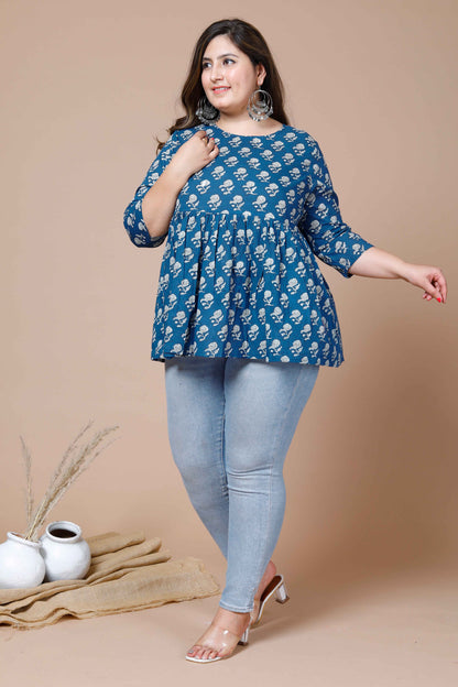 Miravan Womens Blue Plus Size Cotton Floral Printed Top - view 5
