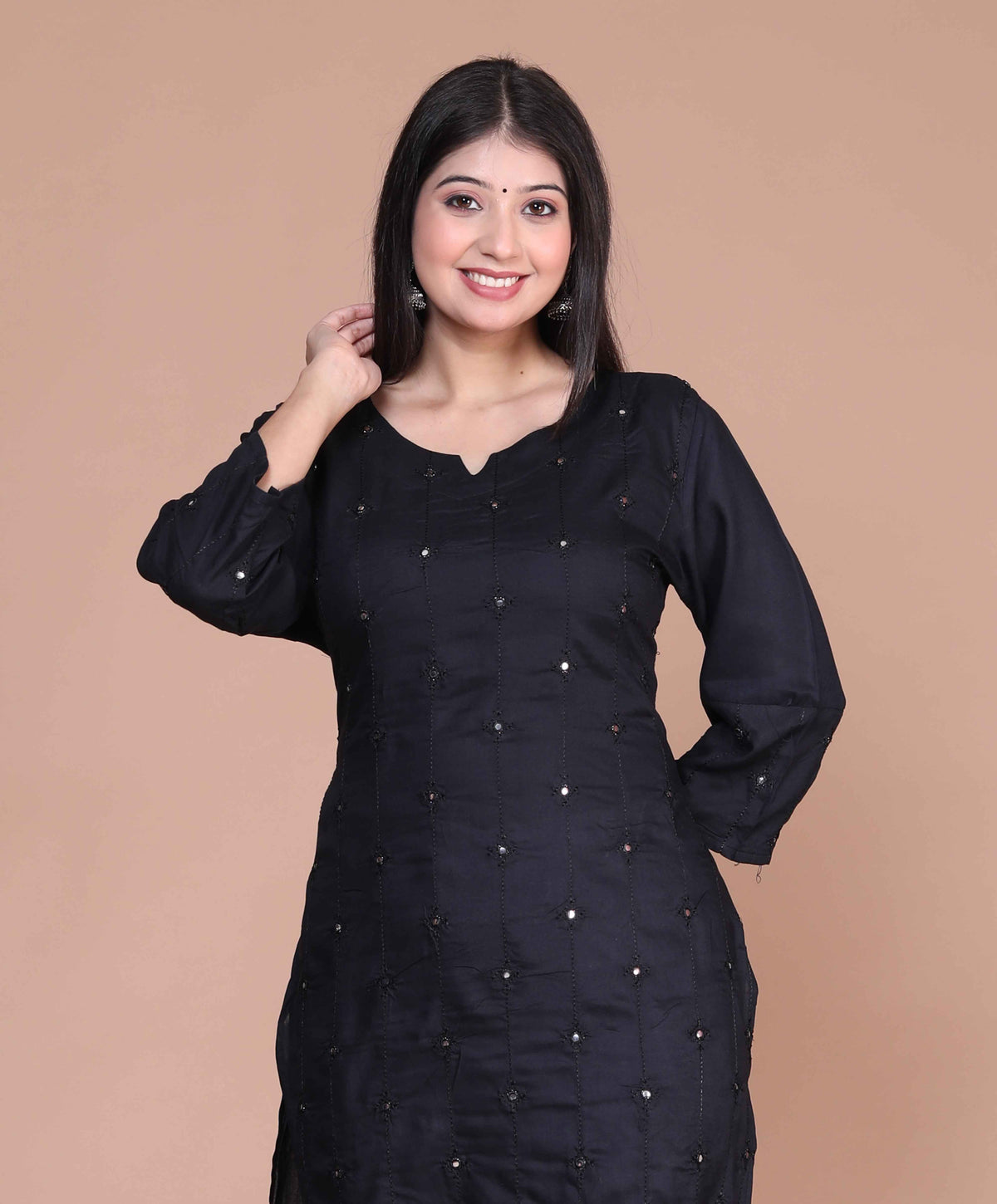 Miravan Womens Black Embroidered And Mirror Work Pakistani Straight Kurti - view 4