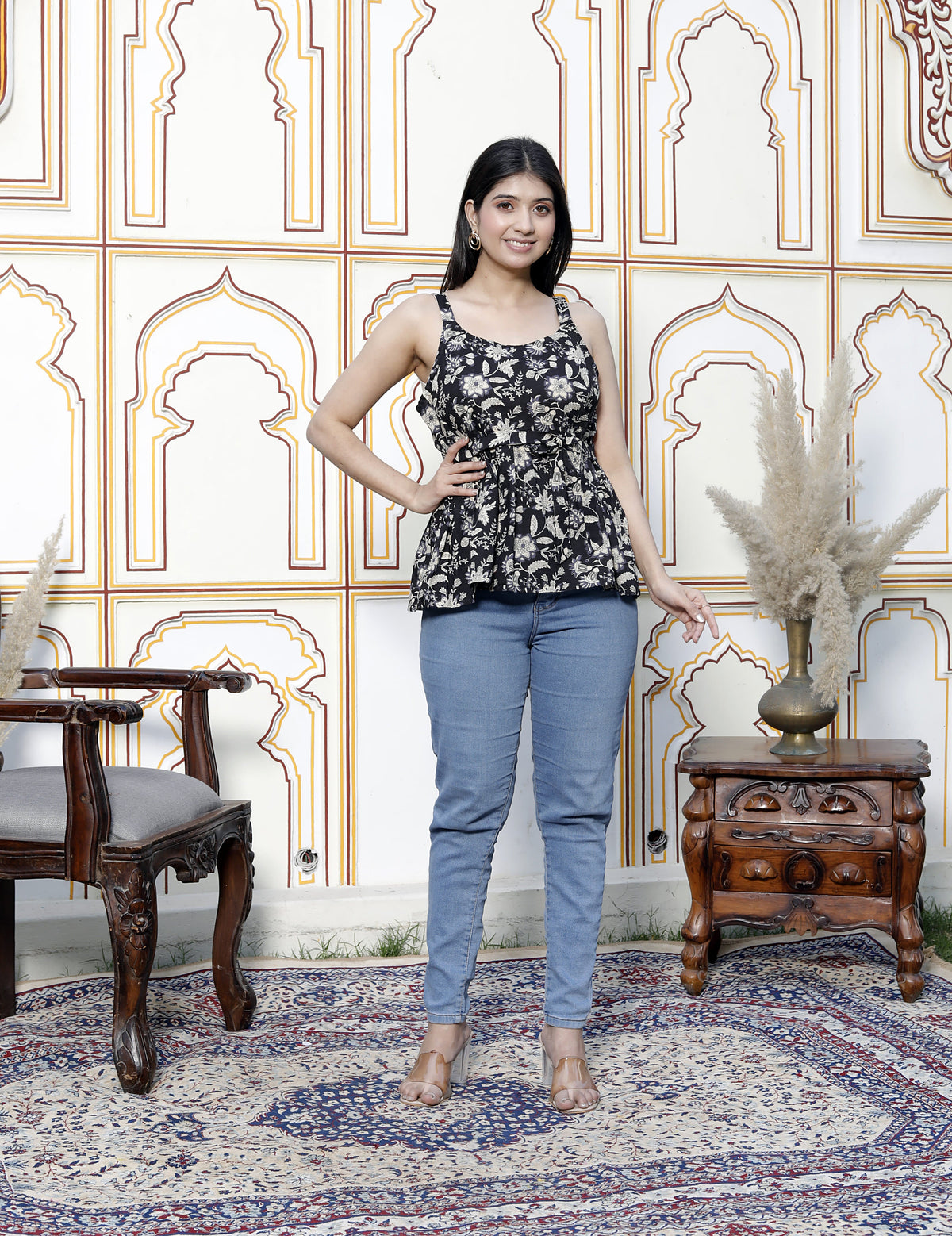 Miravan Womens Pure Cotton Black Floral Printed Noodle Straps Peplum Top - view 5