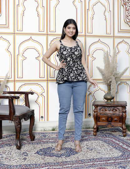 Miravan Womens Pure Cotton Black Floral Printed Noodle Straps Peplum Top - view 5