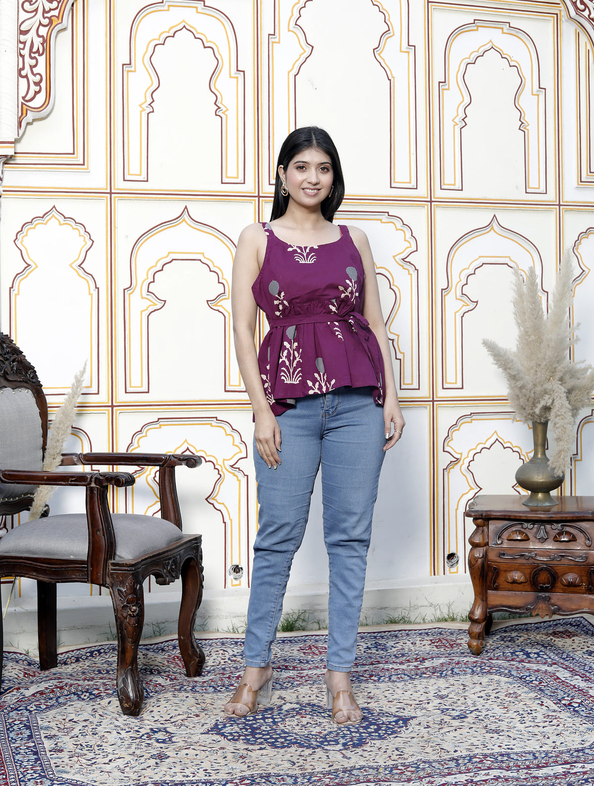 Miravan Womens Pure Cotton Purple Floral Printed Noodle Straps Flared Cotton Top - view 4