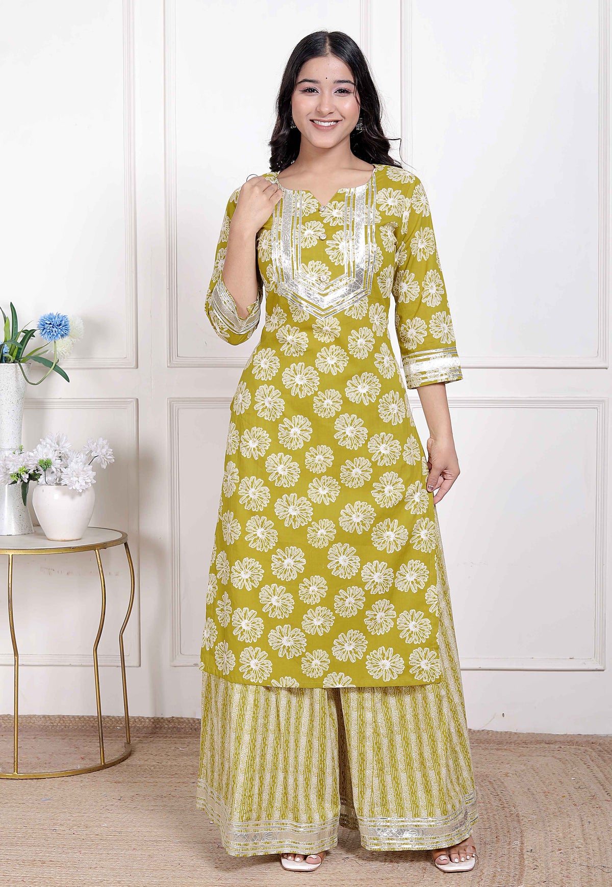 Miravan Womens Lime Yellow Block Printed Kurta with Palazzo