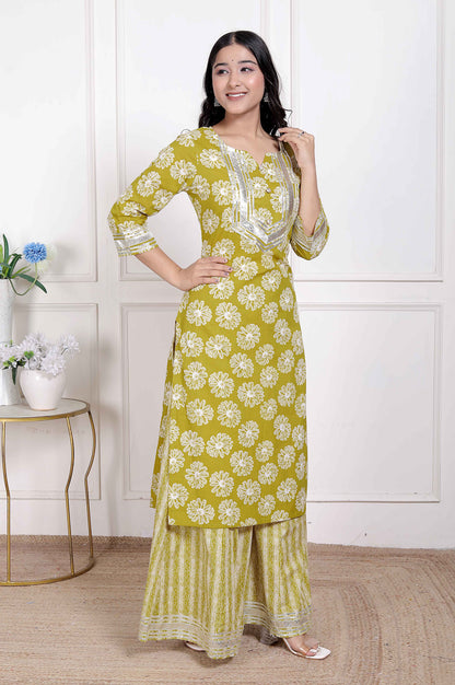 Miravan Womens Lime Yellow Block Printed Kurta with Palazzo - view 2