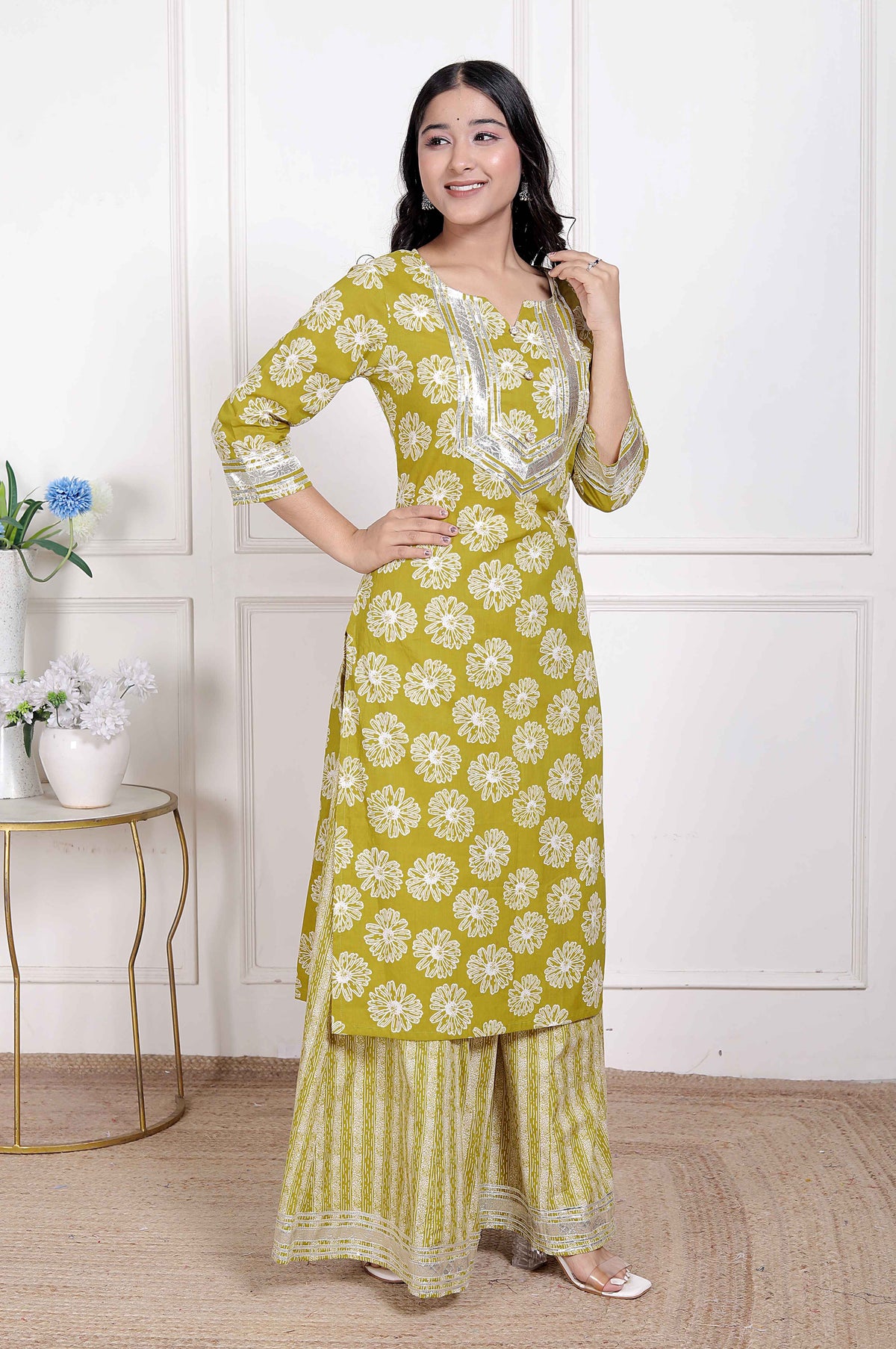 Miravan Womens Lime Yellow Block Printed Kurta with Palazzo - view 3