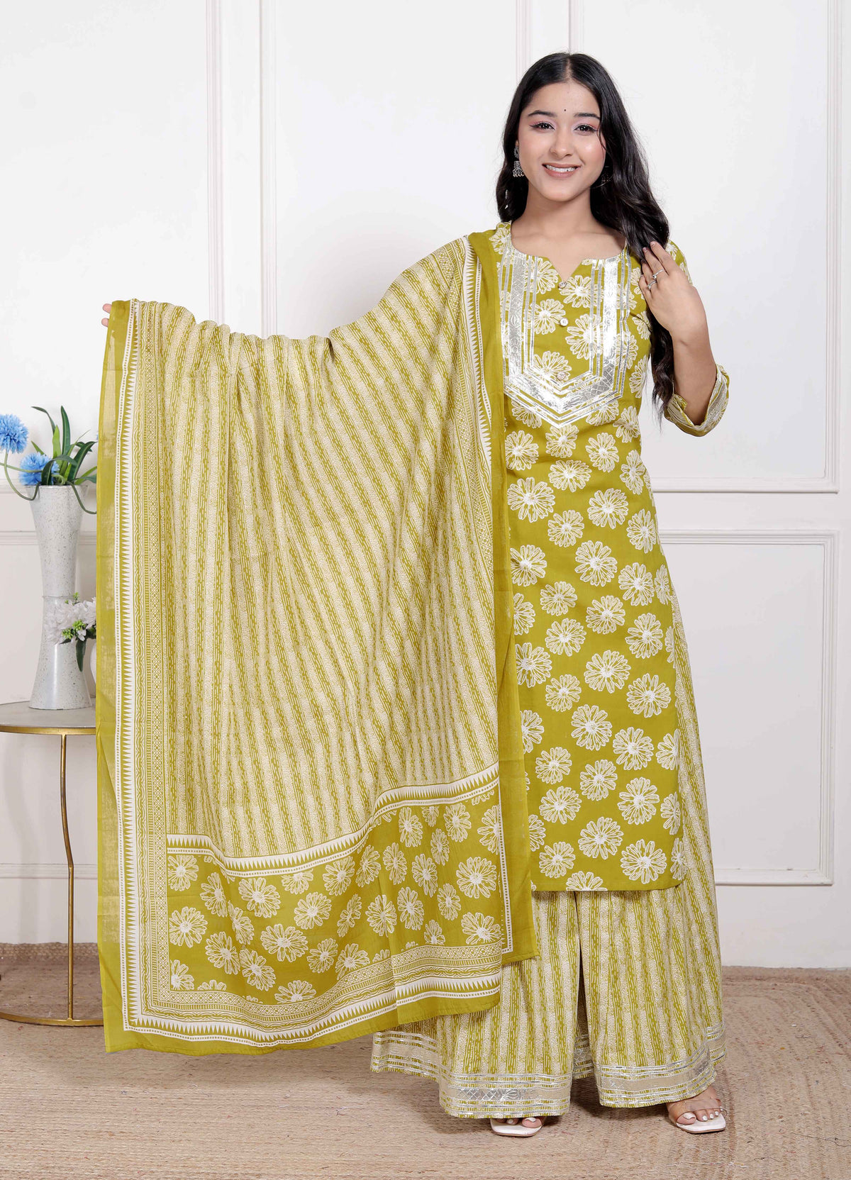 Miravan Womens Lime Yellow Embroidered Straight Kurta with Palazzo and Dupatta