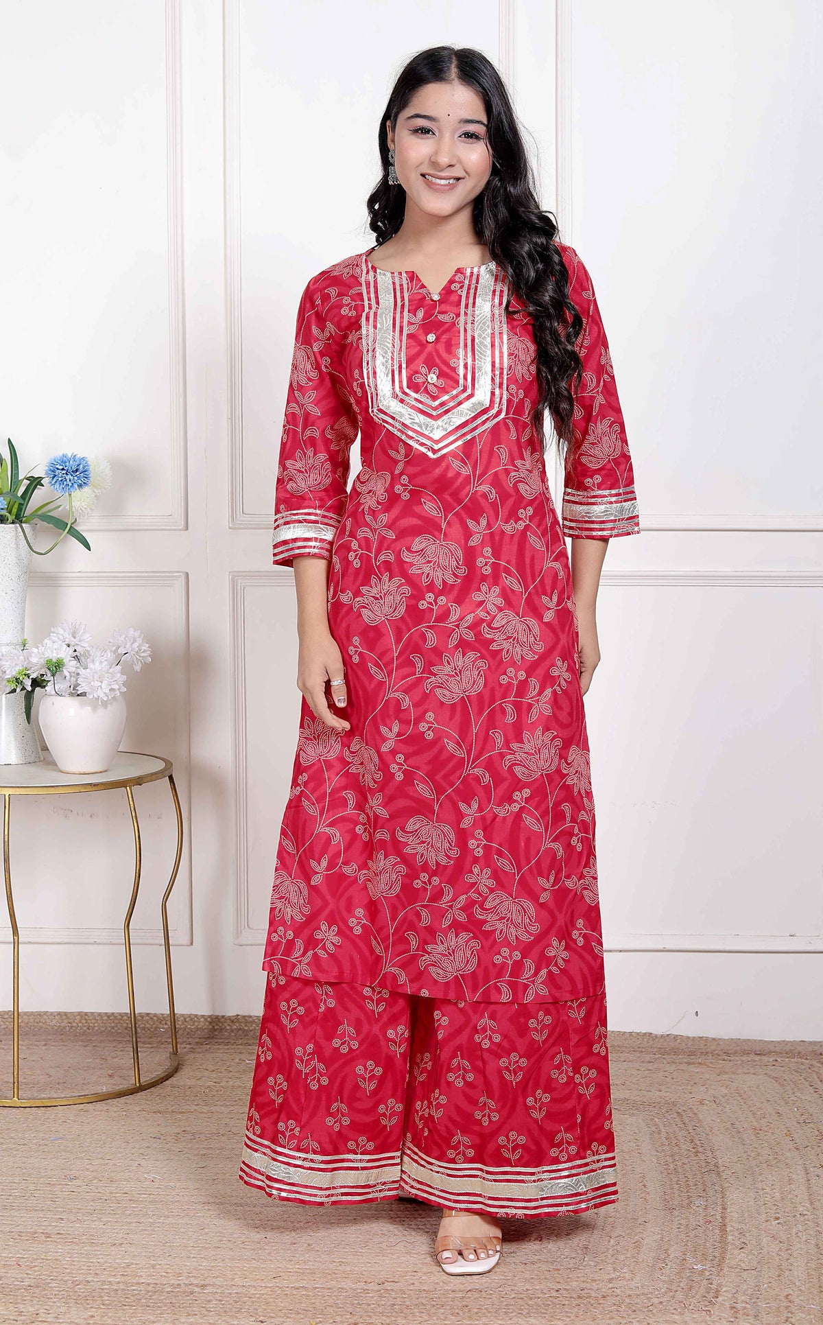 Miravan womens Red cotton Gota Work Kurta with Palazzo