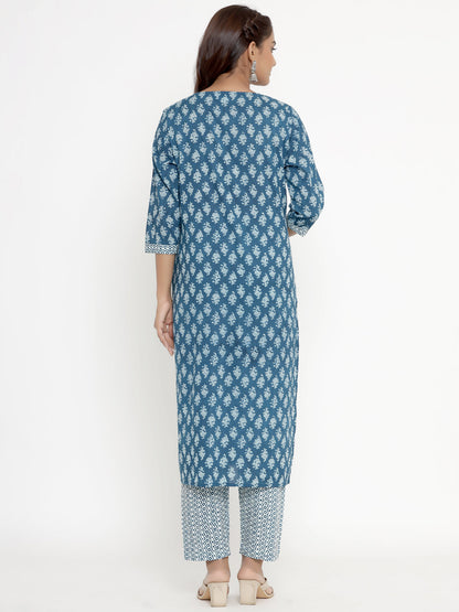 Miravan Womens Blue Pure Cotton Straight Kurta And Palazzo Set - view 2