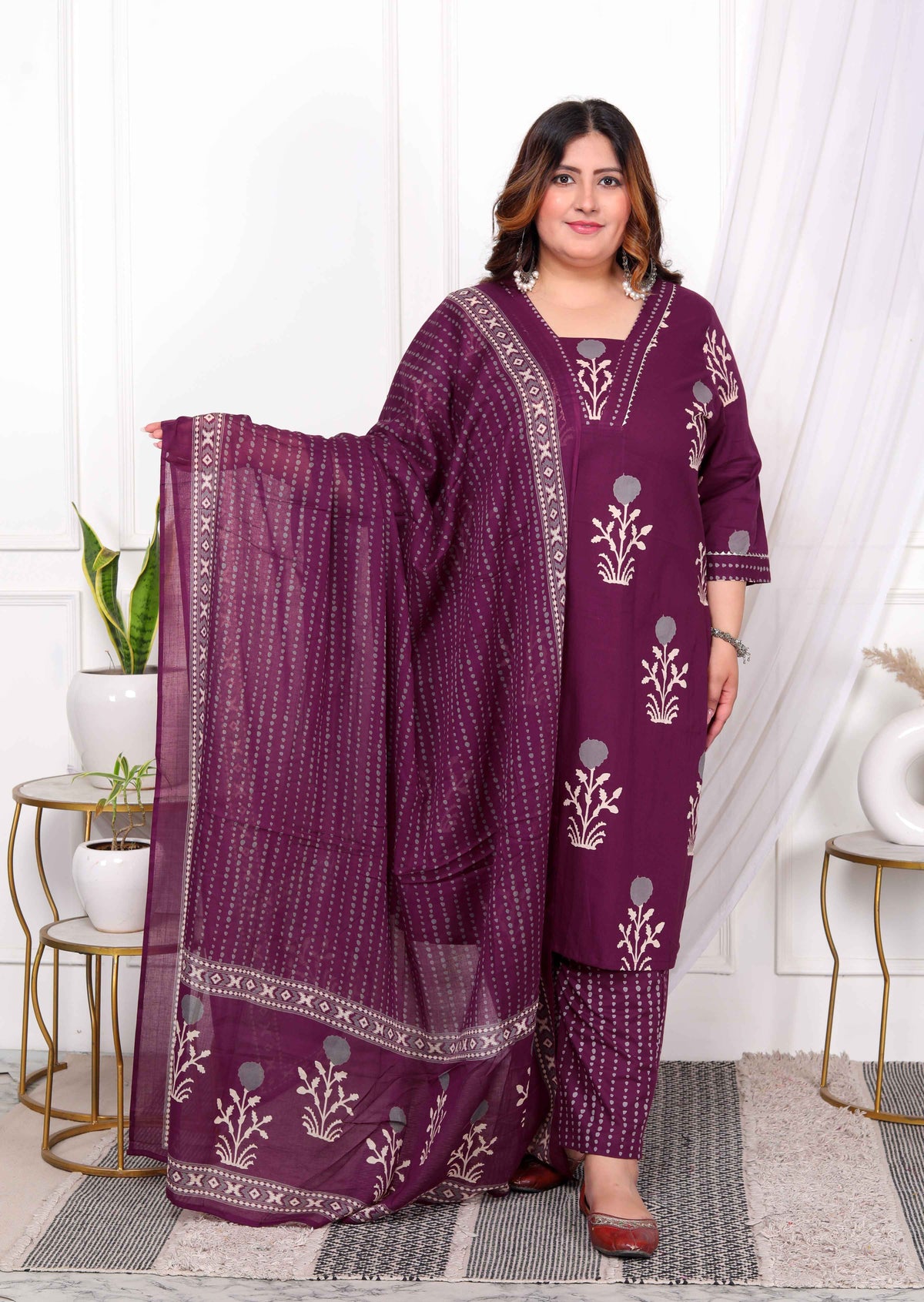 Miravan Womens Plus Size Cotton Fabric Purple Color Kurta With Palazzo And Dupatta
