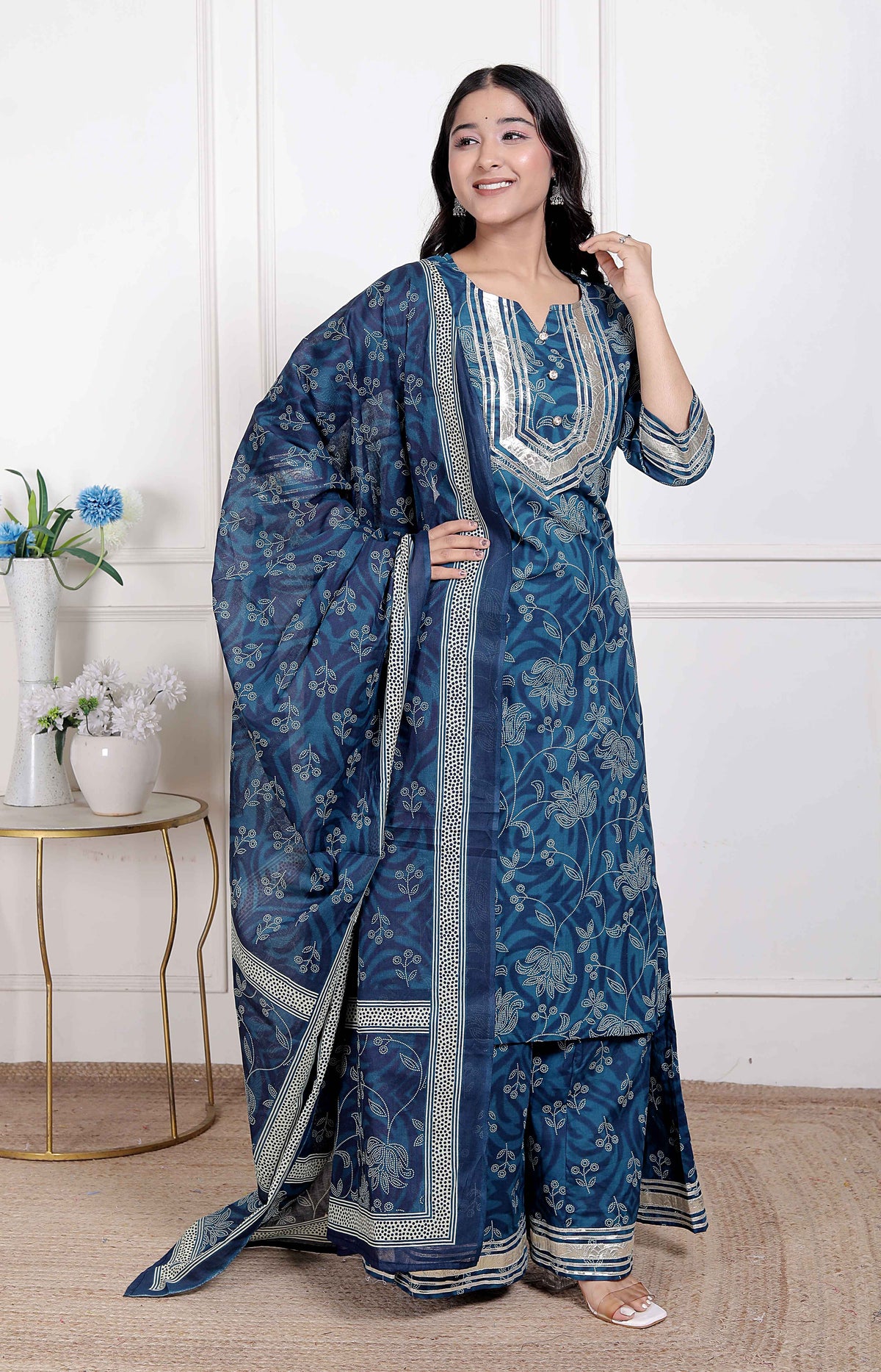 Miravan Womens Gota Patti cotton Kurta Paired with Palazzo and Dupatta - view 2