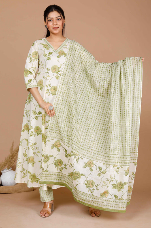 Miravan Womens Green Printed Anarkali Kurta With Palazzo And Dupatta