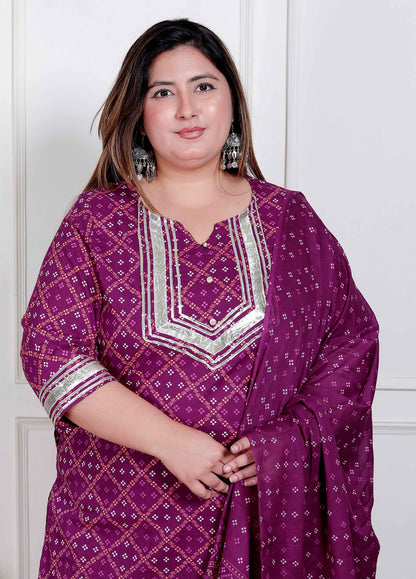 Miravan Plus Size Magenta Embroidered cotton Kurta with Palazzo and Dupatta - view 3