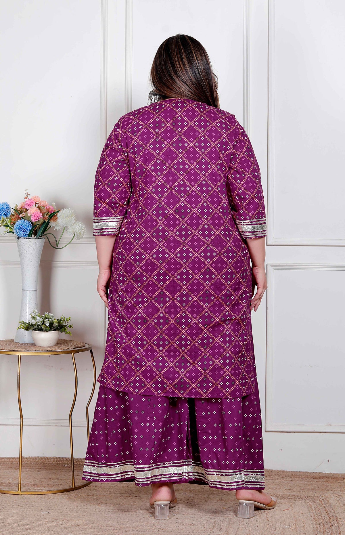 Miravan Plus Size Magenta Embroidered cotton Kurta with Palazzo and Dupatta - view 4